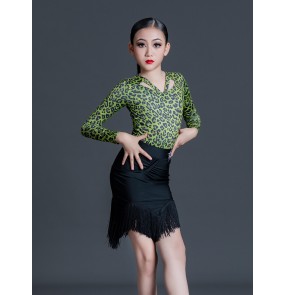 Green leopard with black fringe competition latin dance dresses for girls kids children modern latin ballroom dancing costumes salsa dance wear for kids